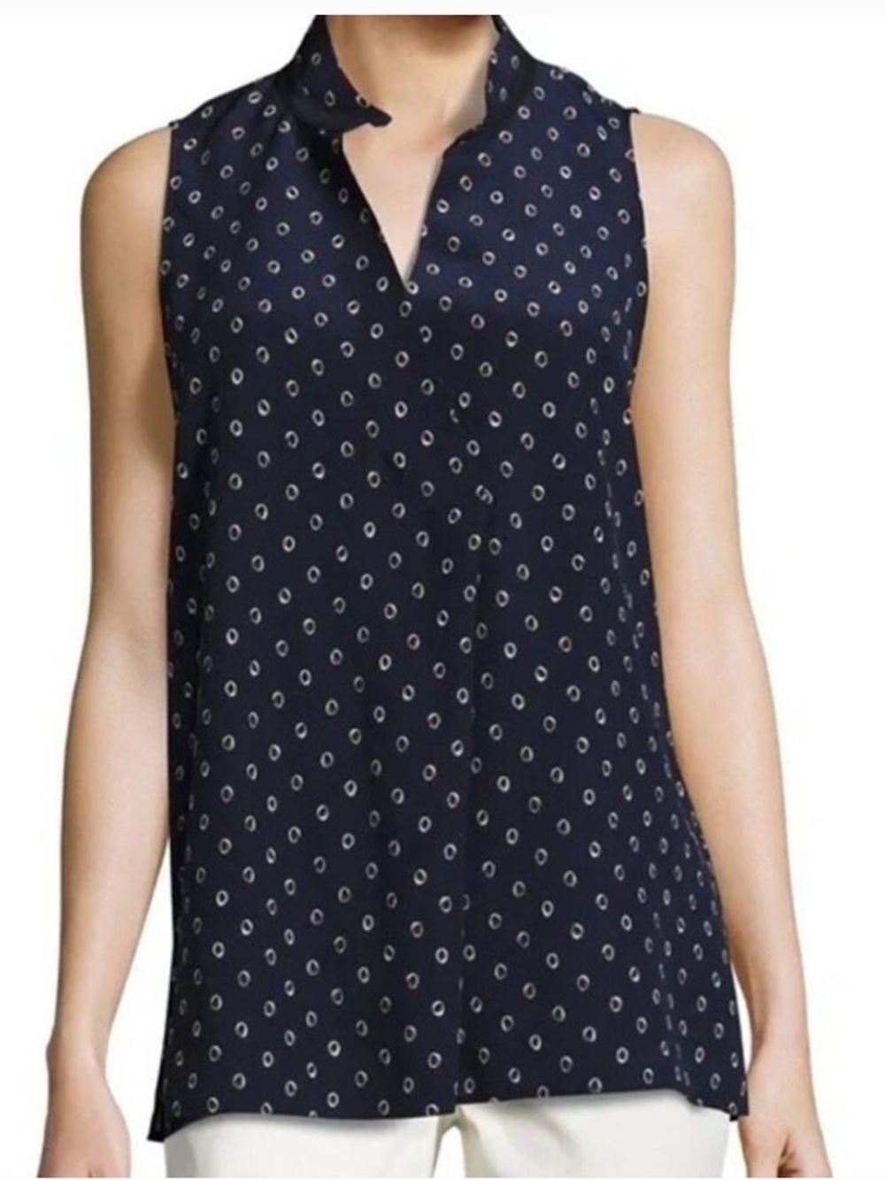 Lafayette 148 New York Eloise Silk Sleeveless Blouse Navy Blue Dot Print M